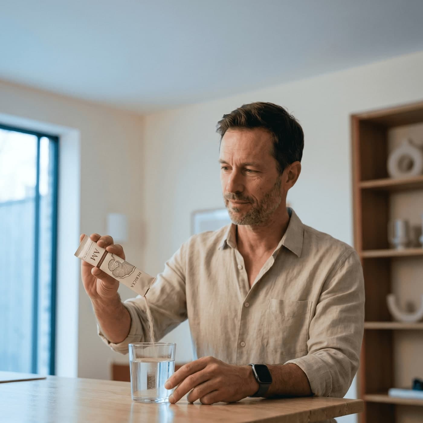 A composed professional man in his forties mixing the Hericea Performance morning stick into a glass of water at his home office