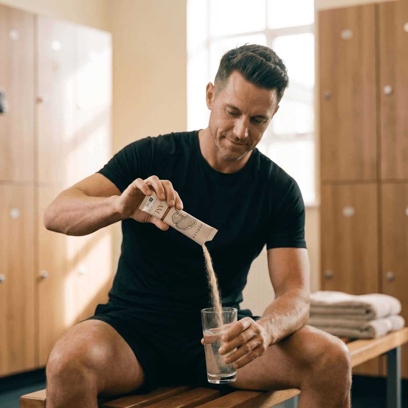 A contact-sport athlete mixing the Hericea Protect morning stick into a water bottle at the gym