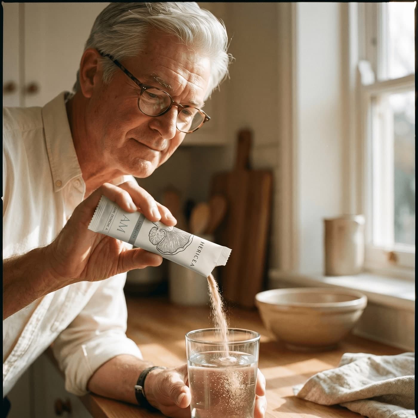 A vigorous man in his sixties mixing the Hericea Longevity morning stick into a glass of water in a sunlit kitchen