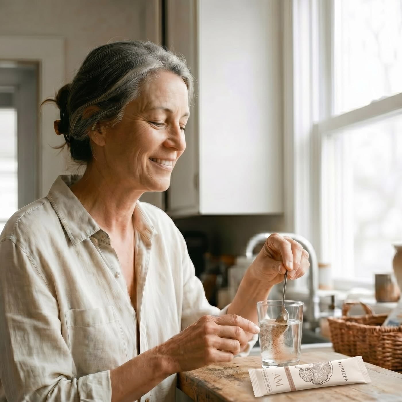 A woman in her early 50s mixing the Hericea Perimenopause morning stick into a glass of water in bright morning light