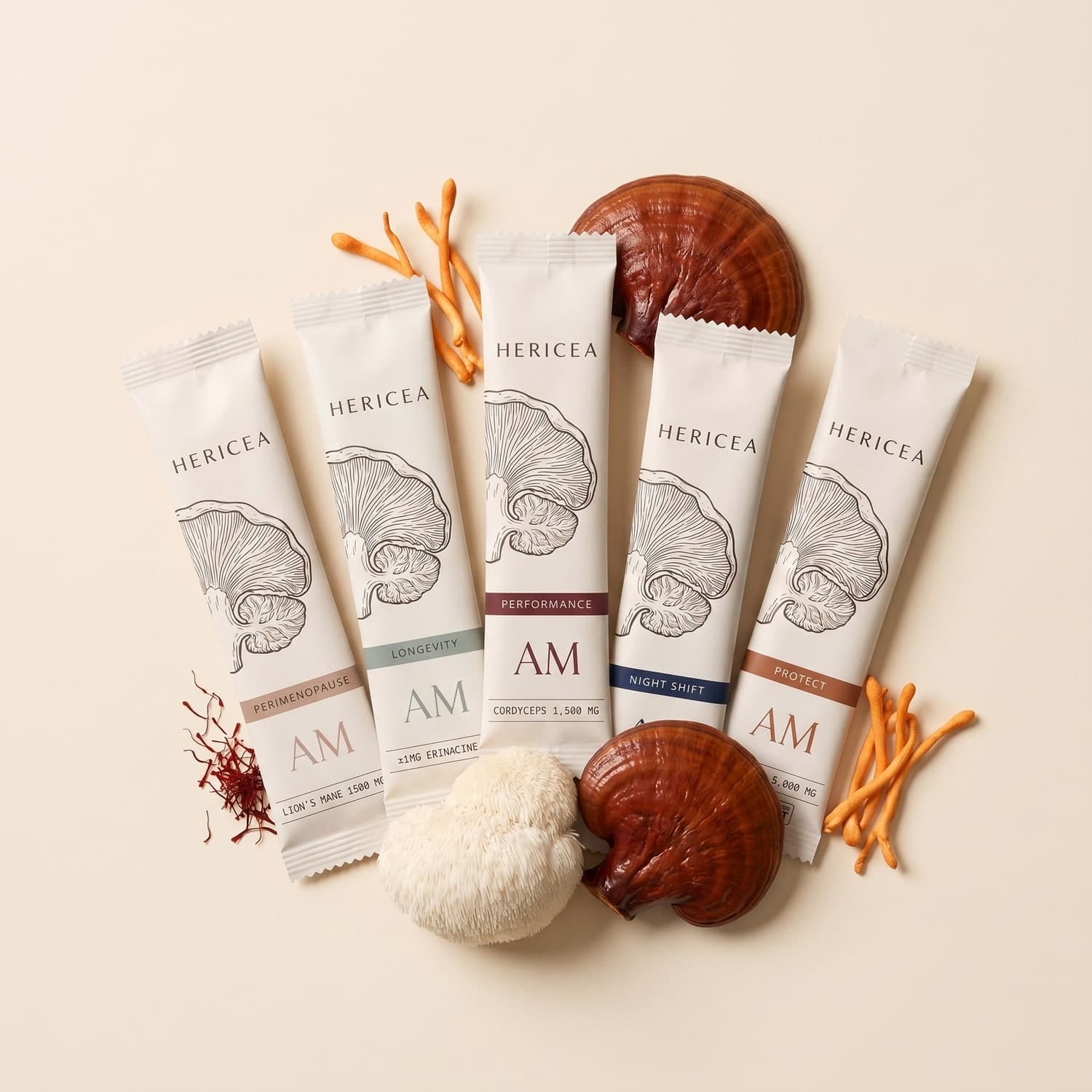 The five Hericea formulas — Perimenopause, Longevity, Performance, Night Shift and Protect — fanned together with Lion's Mane, Reishi and Cordyceps mushrooms